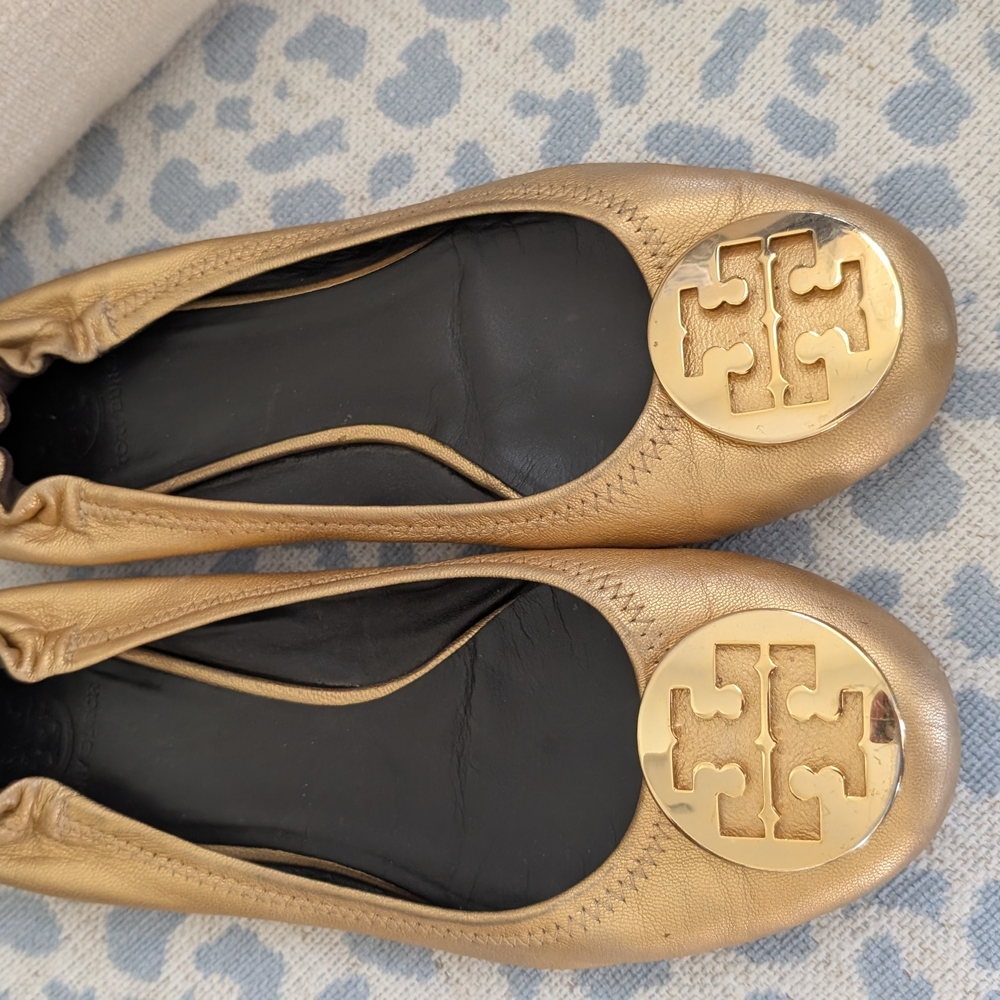 Tory Burch Gold Reva Leather Ballet Flats - Picture 2 of 6